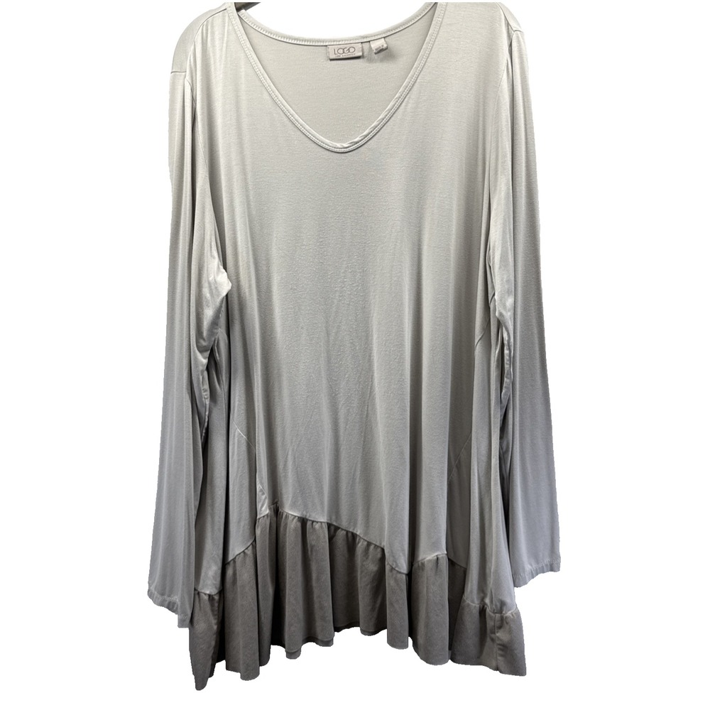 LOGO Lori Goldstein Tunic Top Size XL Bohemian Ruffle Gray Long Sleeve Pullover